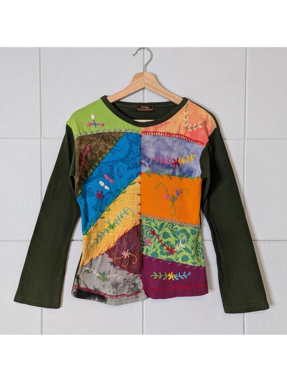 Rising International boho patchwork embroidered long sleeve top